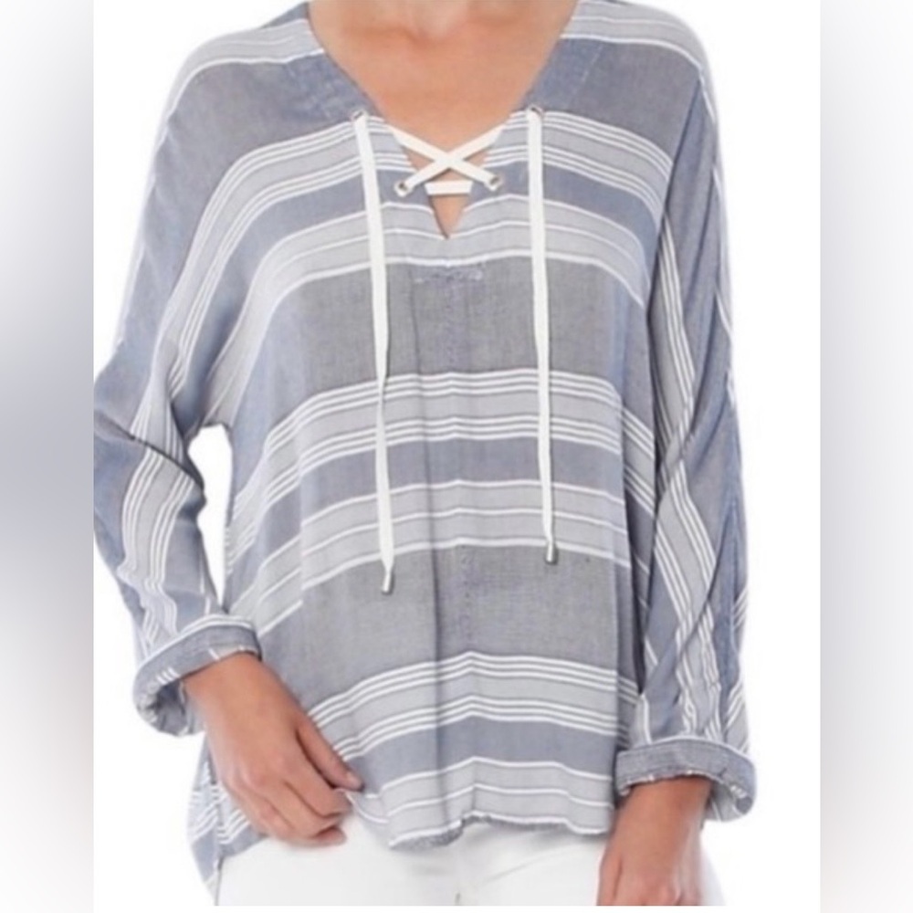 Rails Blue & White Striped Lace-Up V-Neck Blouse